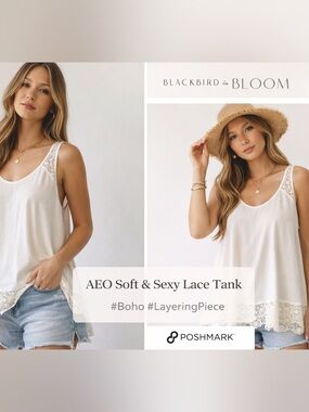AEO Soft & Sexy Lace Trim Tank | Cream Boho Flowy Tunic | Medium